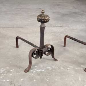 18th Century Wrought Iron Andirons with Fluted Design and Bronze Finials, Italy