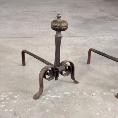 18th Century Wrought Iron Andirons with Fluted Design and Bronze Finials, Italy