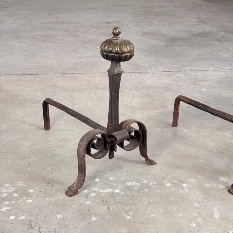 18th Century Wrought Iron Andirons with Fluted Design and Bronze Finials, Italy