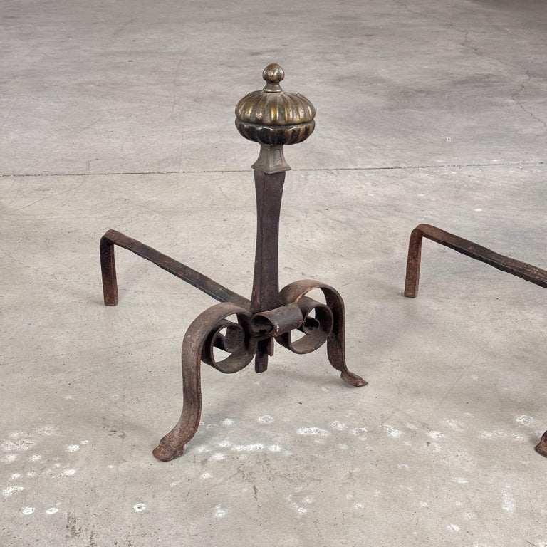 18th Century Wrought Iron Andirons with Fluted Design and Bronze Finials, Italy