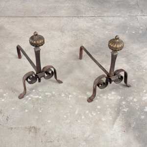 18th Century Wrought Iron Andirons with Fluted Design and Bronze Finials, Italy