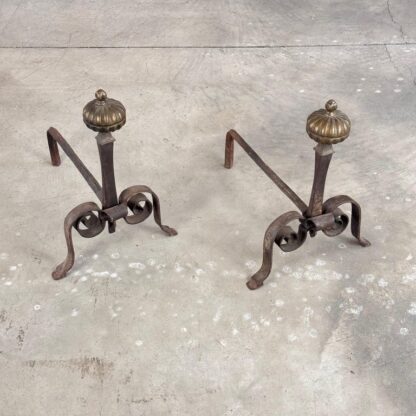 18th Century Wrought Iron Andirons with Fluted Design and Bronze Finials, Italy