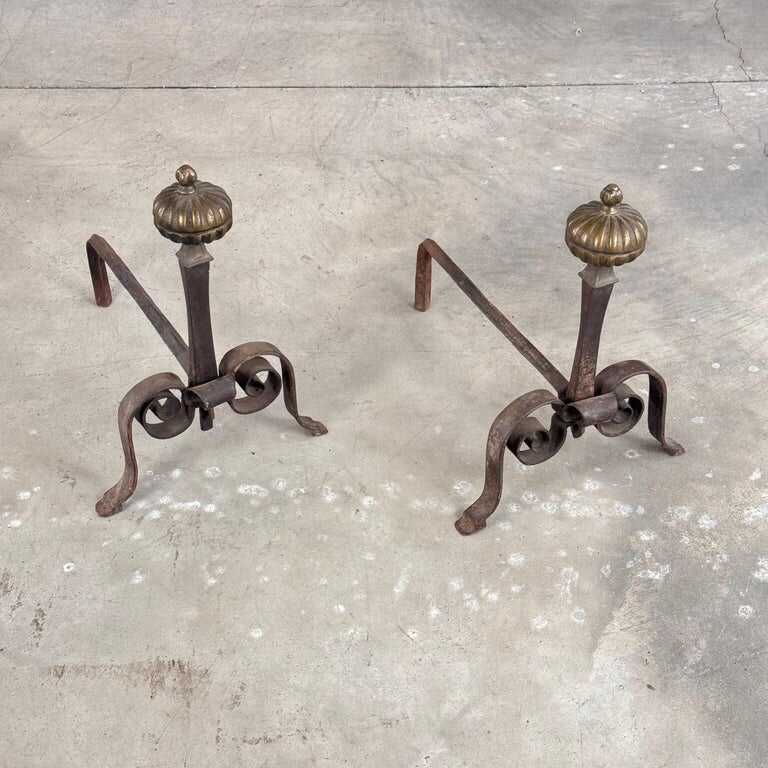 18th Century Wrought Iron Andirons with Fluted Design and Bronze Finials, Italy