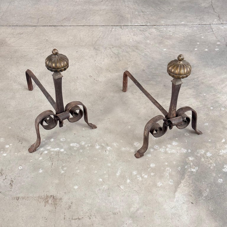 18th Century Wrought Iron Andirons with Fluted Design and Bronze Finials, Italy
