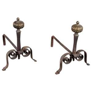 18th Century Wrought Iron Andirons with Fluted Design and Bronze Finials, Italy