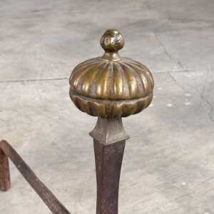 18th Century Wrought Iron Andirons with Fluted Design and Bronze Finials, Italy