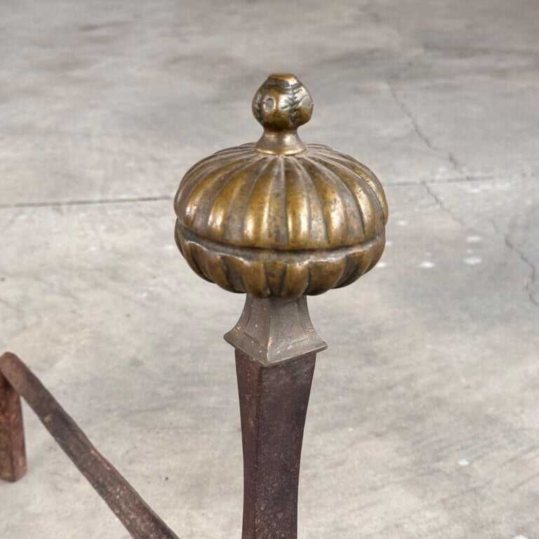 18th Century Wrought Iron Andirons with Fluted Design and Bronze Finials, Italy