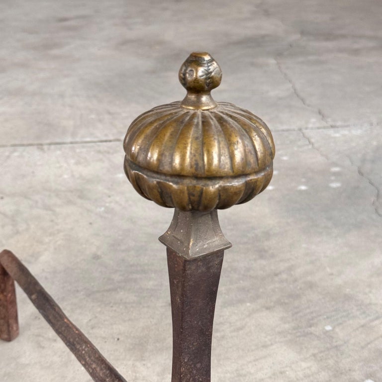 18th Century Wrought Iron Andirons with Fluted Design and Bronze Finials, Italy