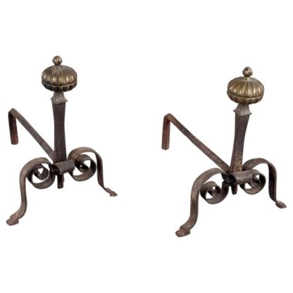 18th Century Wrought Iron Andirons with Fluted Design and Bronze Finials, Italy
