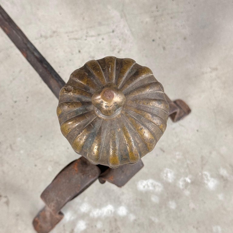 18th Century Wrought Iron Andirons with Fluted Design and Bronze Finials, Italy