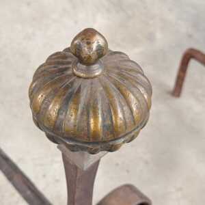18th Century Wrought Iron Andirons with Fluted Design and Bronze Finials, Italy