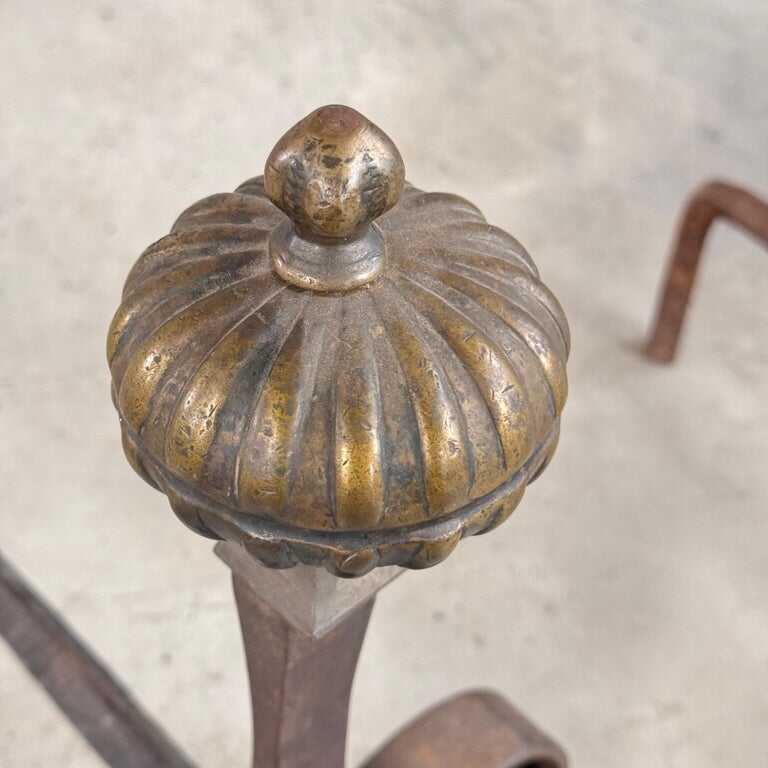 18th Century Wrought Iron Andirons with Fluted Design and Bronze Finials, Italy