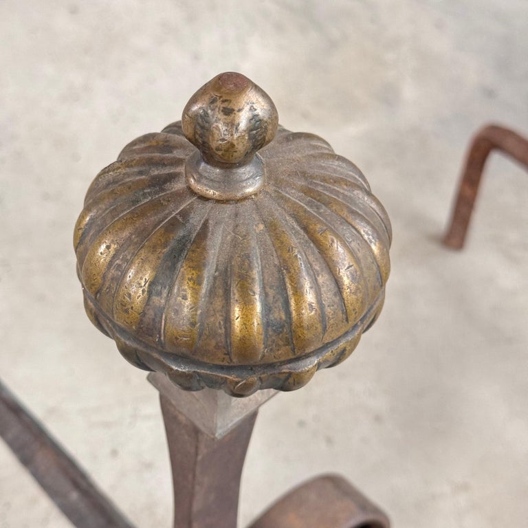 18th Century Wrought Iron Andirons with Fluted Design and Bronze Finials, Italy