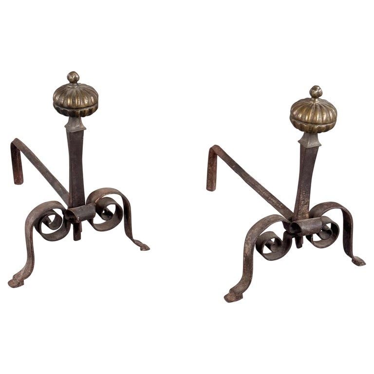 18th Century Wrought Iron Andirons with Fluted Design and Bronze Finials, Italy