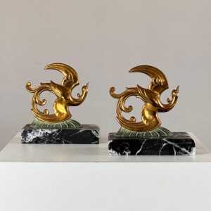 1930s French Art Deco Black Marble, Brass & Bronze Bird of Paradise Bookends