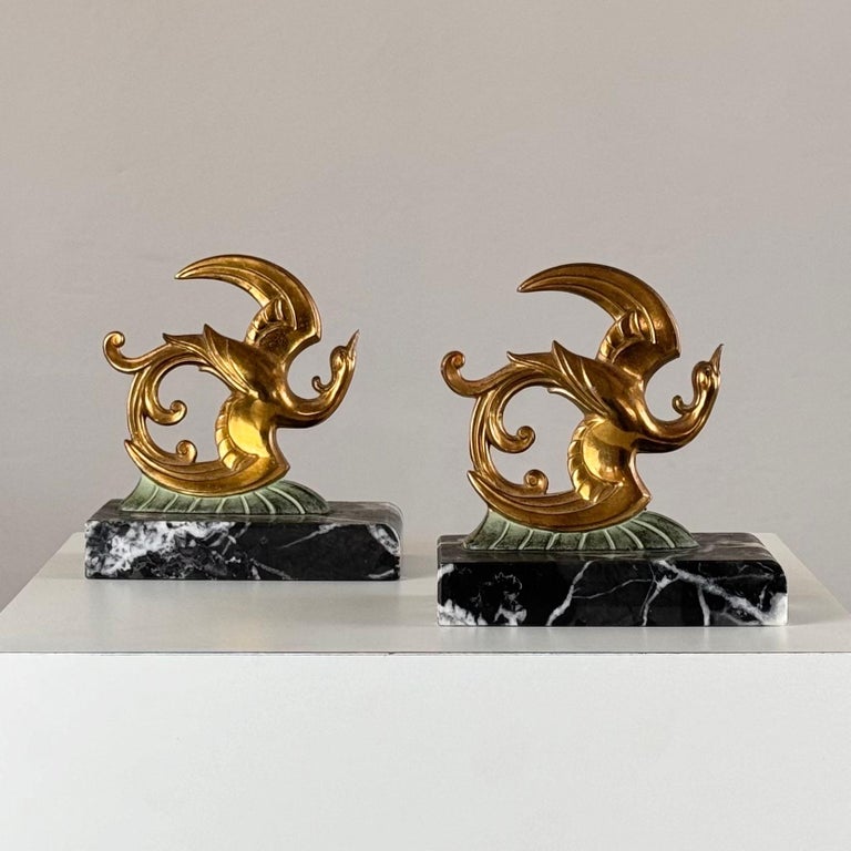1930s French Art Deco Black Marble, Brass & Bronze Bird of Paradise Bookends