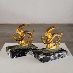 1930s French Art Deco Black Marble, Brass & Bronze Bird of Paradise Bookends