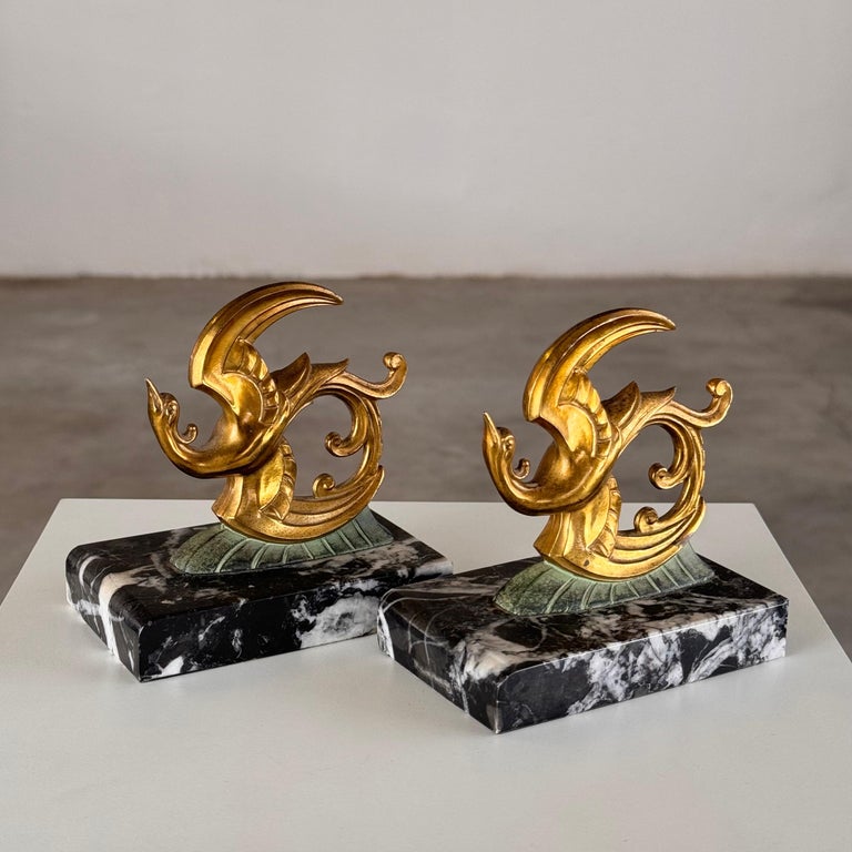 1930s French Art Deco Black Marble, Brass & Bronze Bird of Paradise Bookends