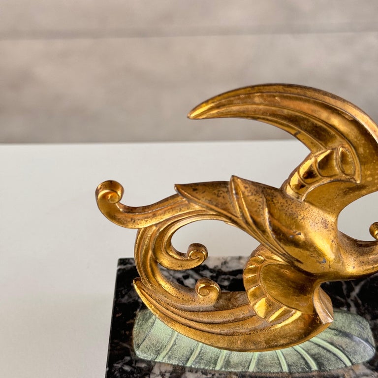 1930s French Art Deco Black Marble, Brass & Bronze Bird of Paradise Bookends