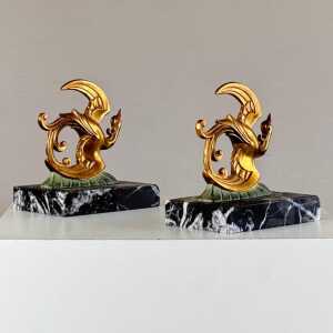 1930s French Art Deco Black Marble, Brass & Bronze Bird of Paradise Bookends
