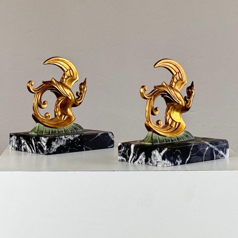 1930s French Art Deco Black Marble, Brass & Bronze Bird of Paradise Bookends