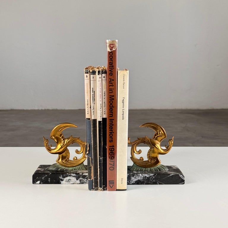 1930s French Art Deco Black Marble, Brass & Bronze Bird of Paradise Bookends