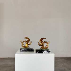 1930s French Art Deco Black Marble, Brass & Bronze Bird of Paradise Bookends