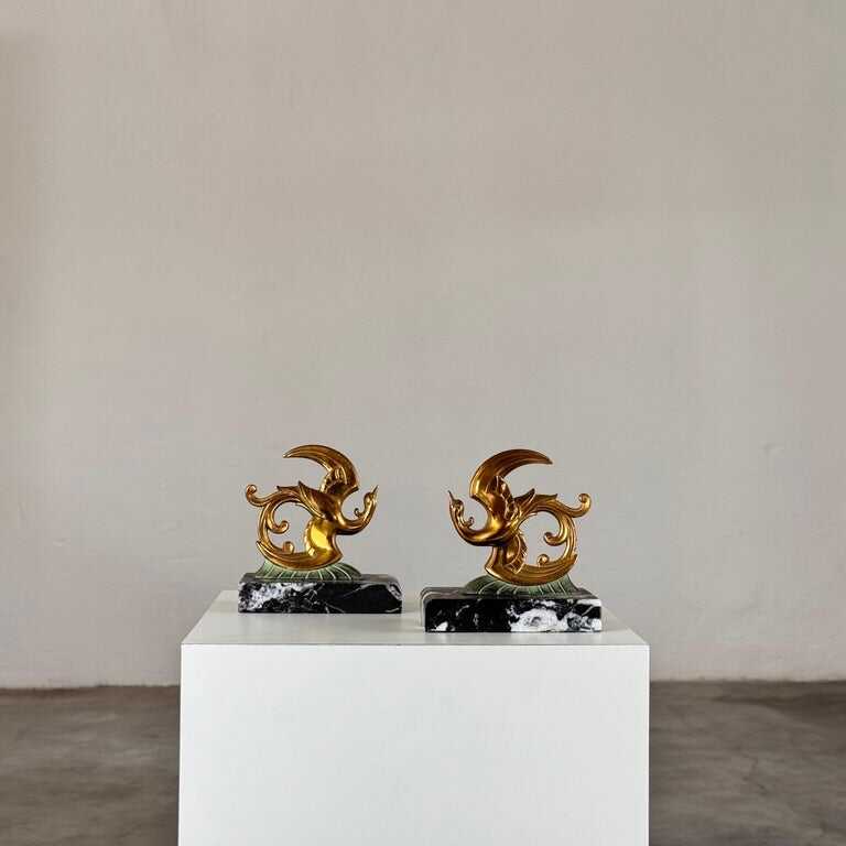 1930s French Art Deco Black Marble, Brass & Bronze Bird of Paradise Bookends