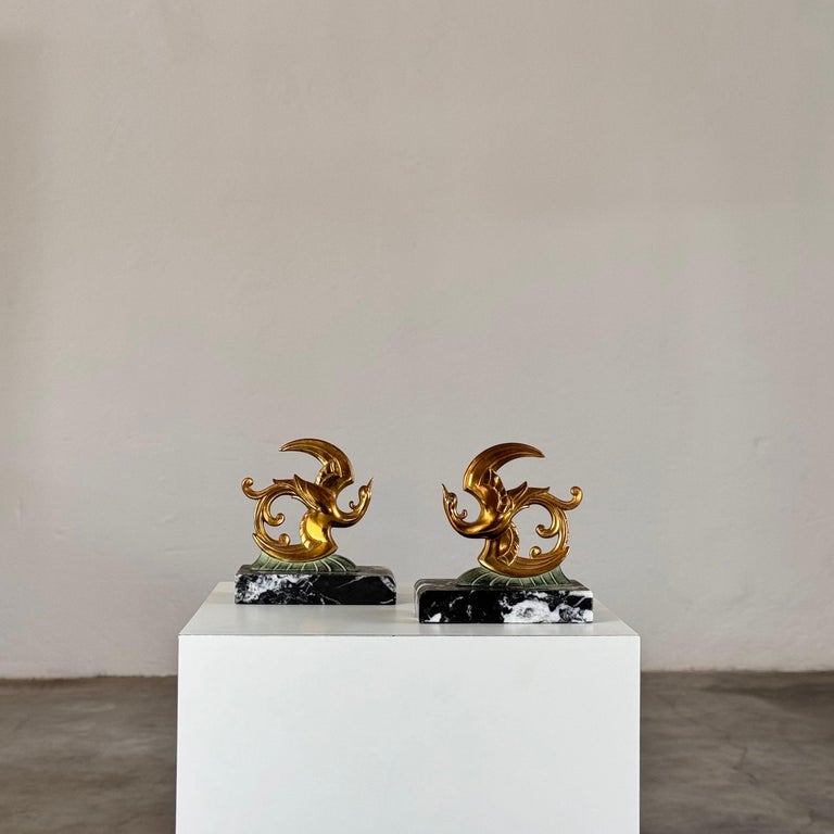 1930s French Art Deco Black Marble, Brass & Bronze Bird of Paradise Bookends