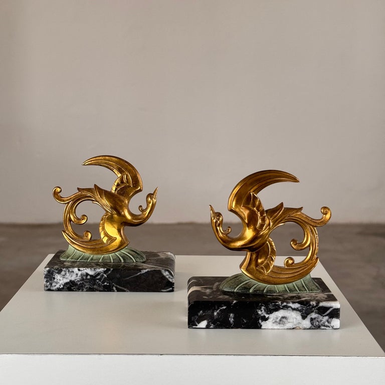 1930s French Art Deco Black Marble, Brass & Bronze Bird of Paradise Bookends