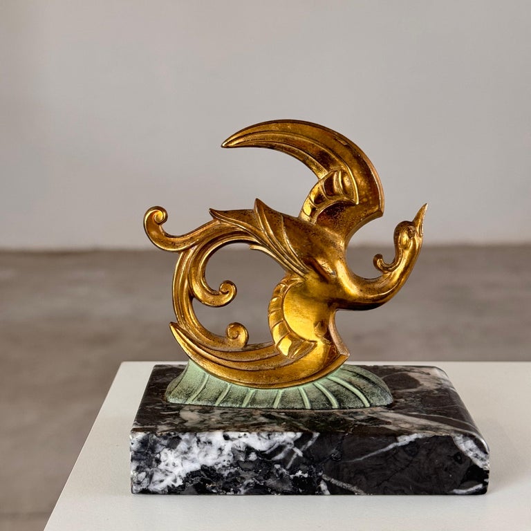 1930s French Art Deco Black Marble, Brass & Bronze Bird of Paradise Bookends