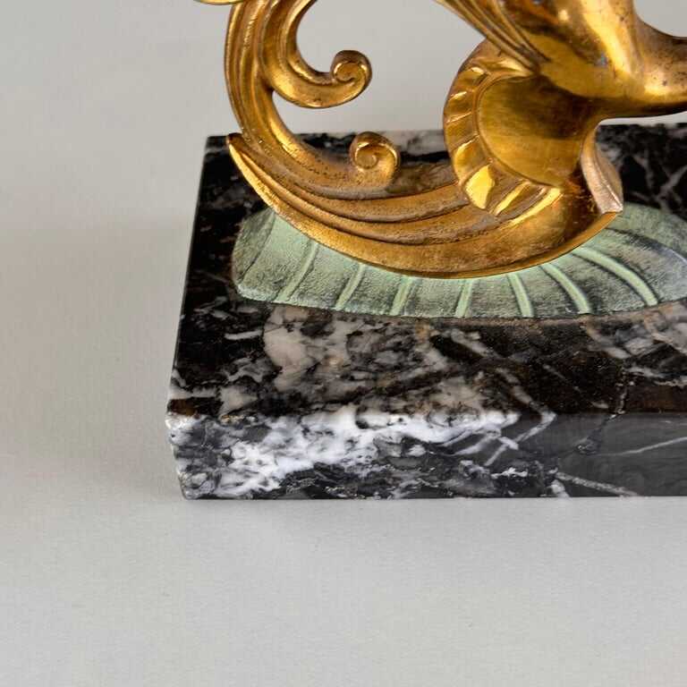 1930s French Art Deco Black Marble, Brass & Bronze Bird of Paradise Bookends