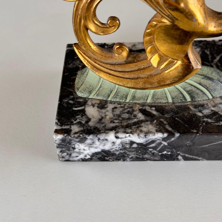 1930s French Art Deco Black Marble, Brass & Bronze Bird of Paradise Bookends