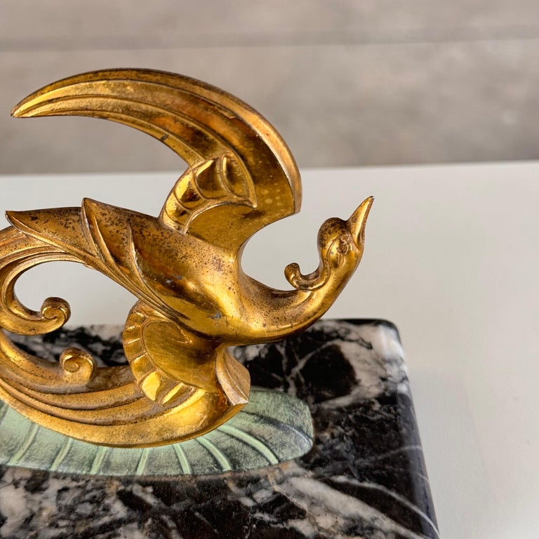 1930s French Art Deco Black Marble, Brass & Bronze Bird of Paradise Bookends
