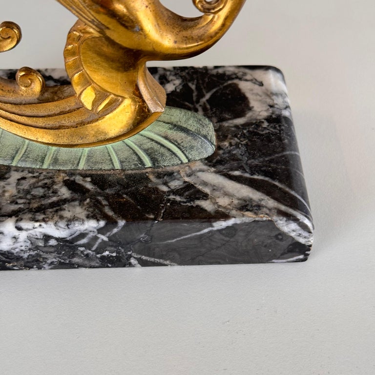 1930s French Art Deco Black Marble, Brass & Bronze Bird of Paradise Bookends