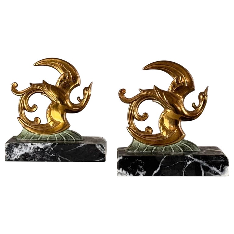 1930s French Art Deco Black Marble, Brass & Bronze Bird of Paradise Bookends