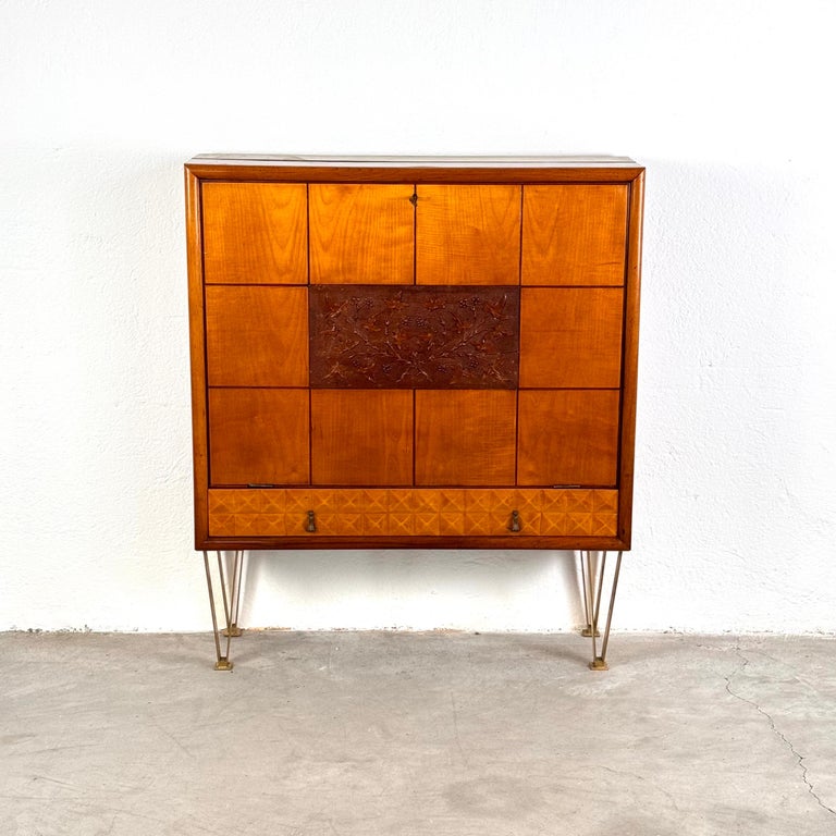 1950s Italian Cherrywood Bar Cabinet with Brass Accents and Handcrafted Inlay