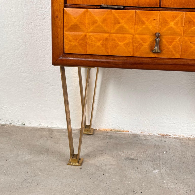 1950s Italian Cherrywood Bar Cabinet with Brass Accents and Handcrafted Inlay