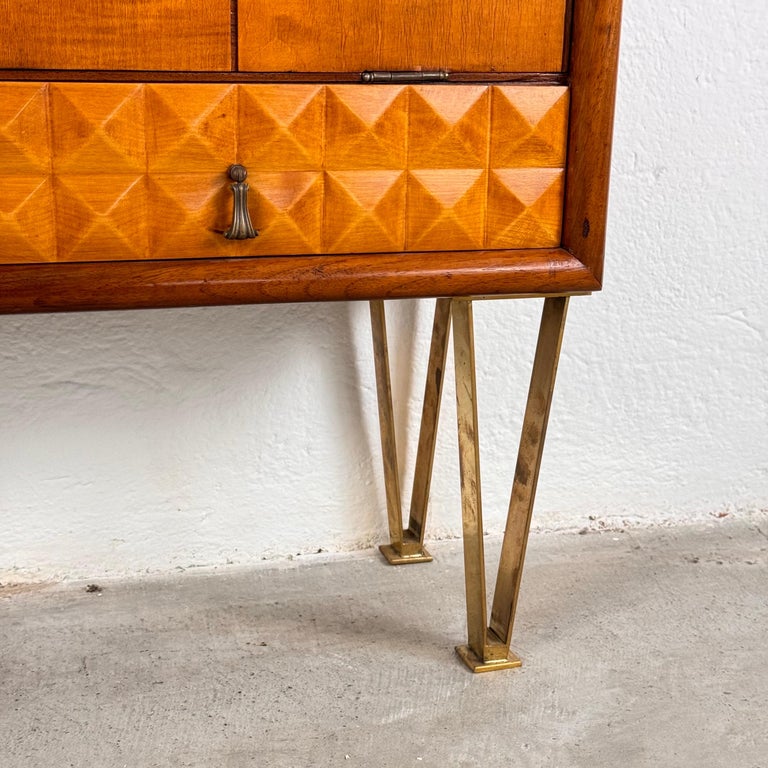 1950s Italian Cherrywood Bar Cabinet with Brass Accents and Handcrafted Inlay