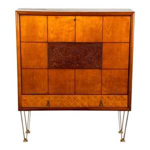 1950s Italian Cherrywood Bar Cabinet with Brass Accents and Handcrafted Inlay