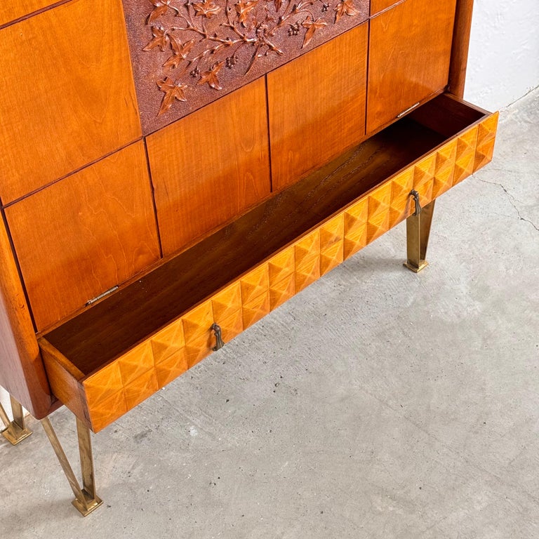 1950s Italian Cherrywood Bar Cabinet with Brass Accents and Handcrafted Inlay