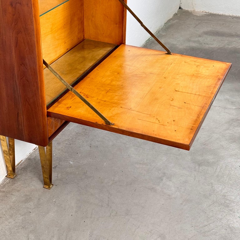1950s Italian Cherrywood Bar Cabinet with Brass Accents and Handcrafted Inlay