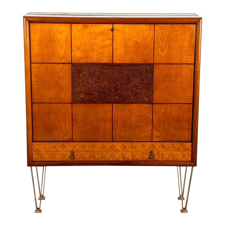 1950s Italian Cherrywood Bar Cabinet with Brass Accents and Handcrafted Inlay