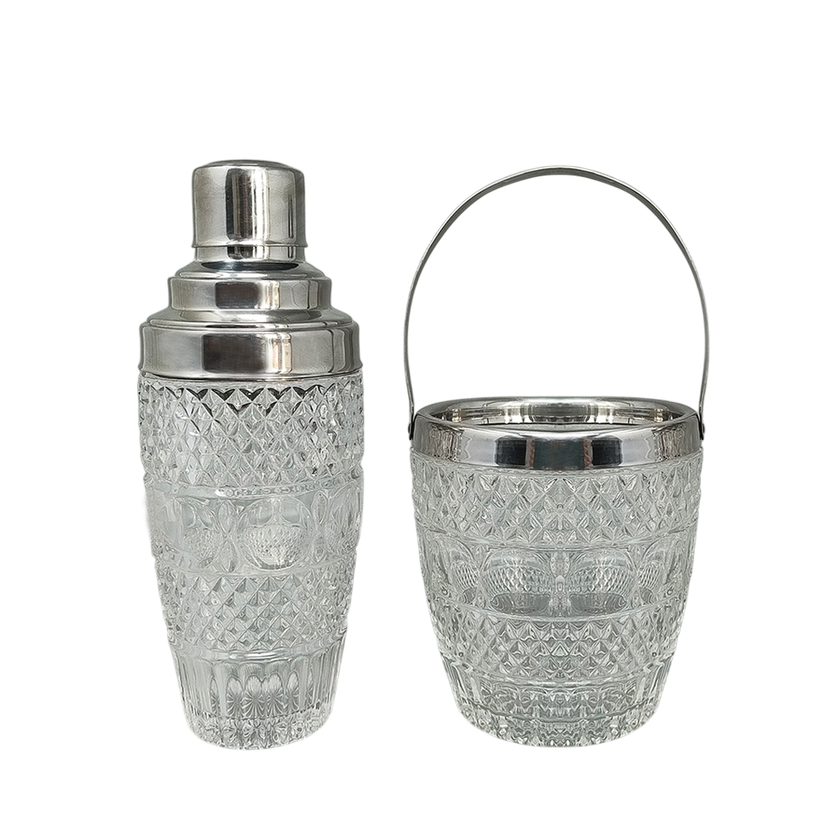 1960s Gorgeous Cut Crystal Cocktail Shaker with Ice Bucket Made in Italy