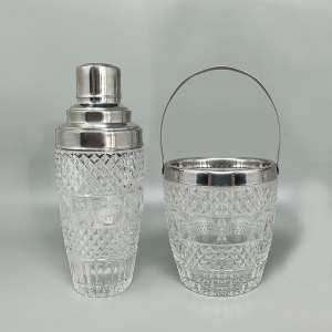 1960s Gorgeous Cut Crystal Cocktail Shaker with Ice Bucket Made in Italy