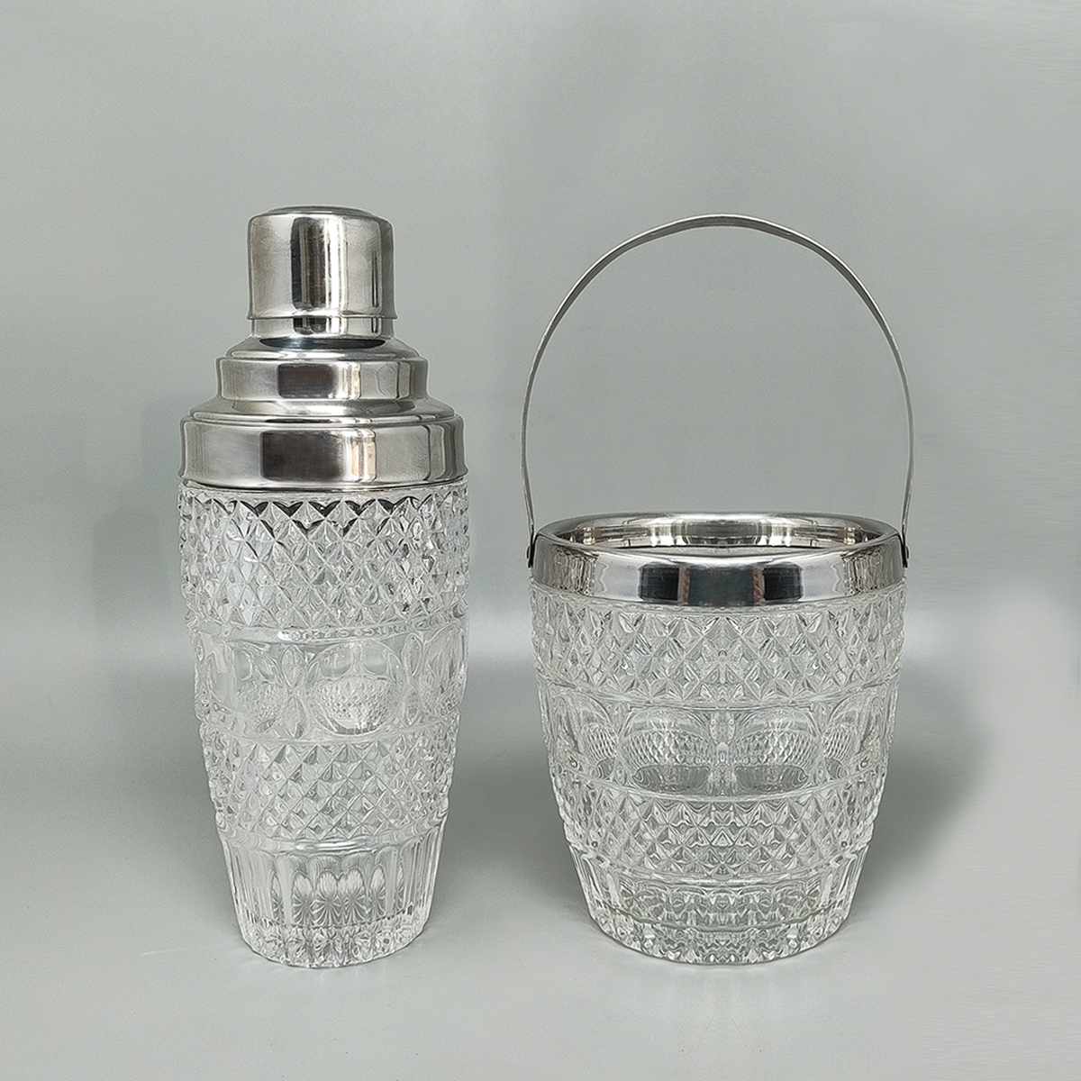 1960s Gorgeous Cut Crystal Cocktail Shaker with Ice Bucket Made in Italy
