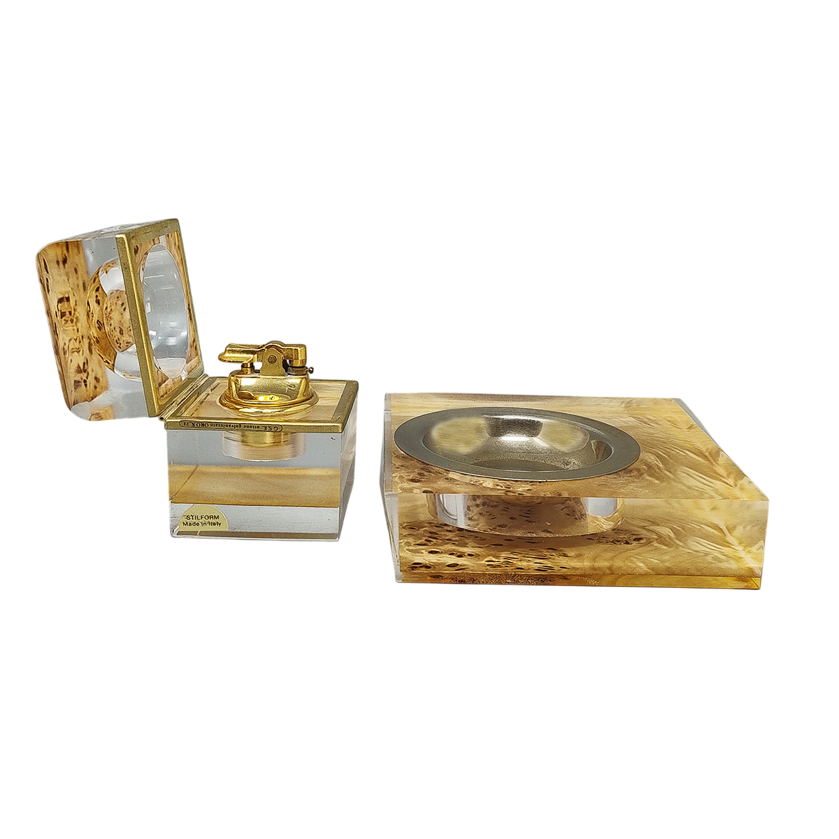 1970s Stunning Smoking Set by Stilform in Lucite and Brass Galvanized Gold 24K. Made in Italy