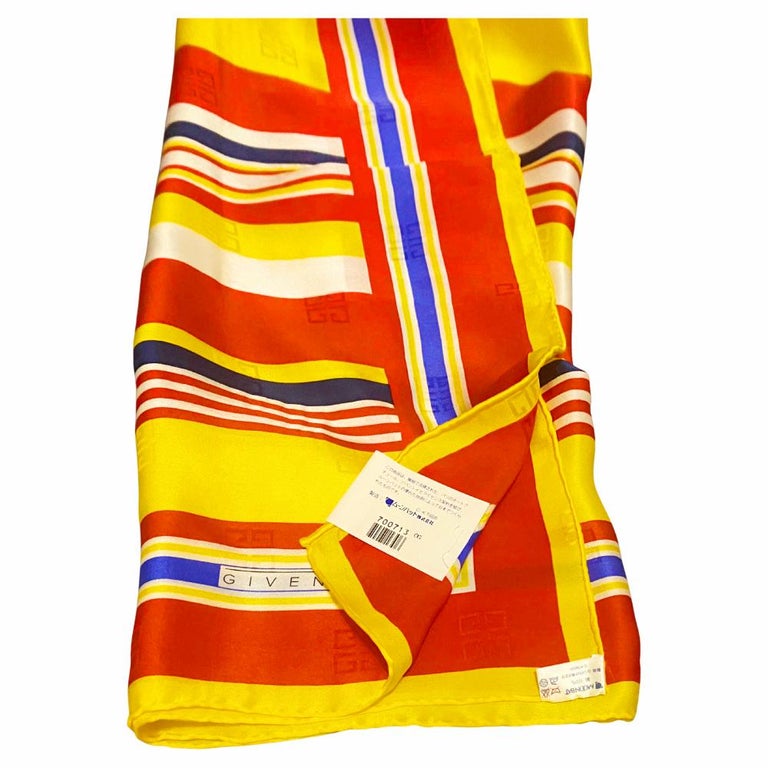 1980s Givenchy Jacquard Silk Striped Multicolor Yellow Scarf