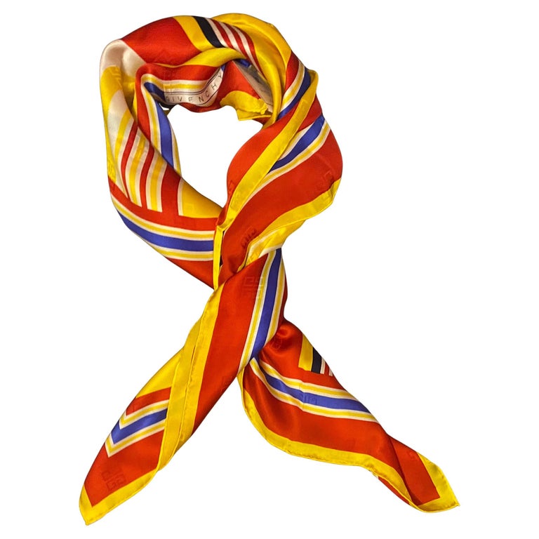 1980s Givenchy Jacquard Silk Striped Multicolor Yellow Scarf