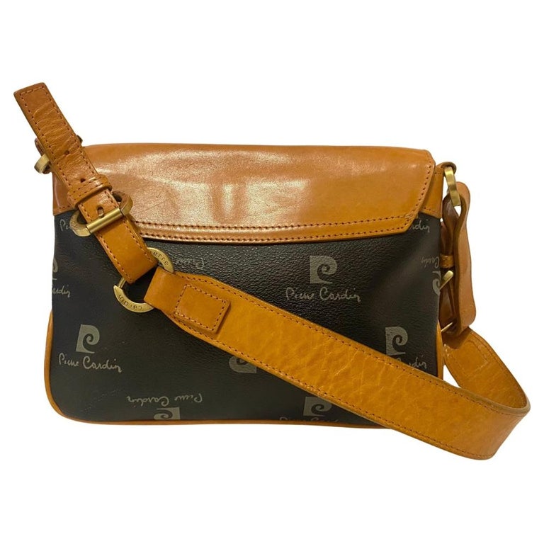 1980s Pierre Cardin Black Tan Logo Flap Shoulder Bag